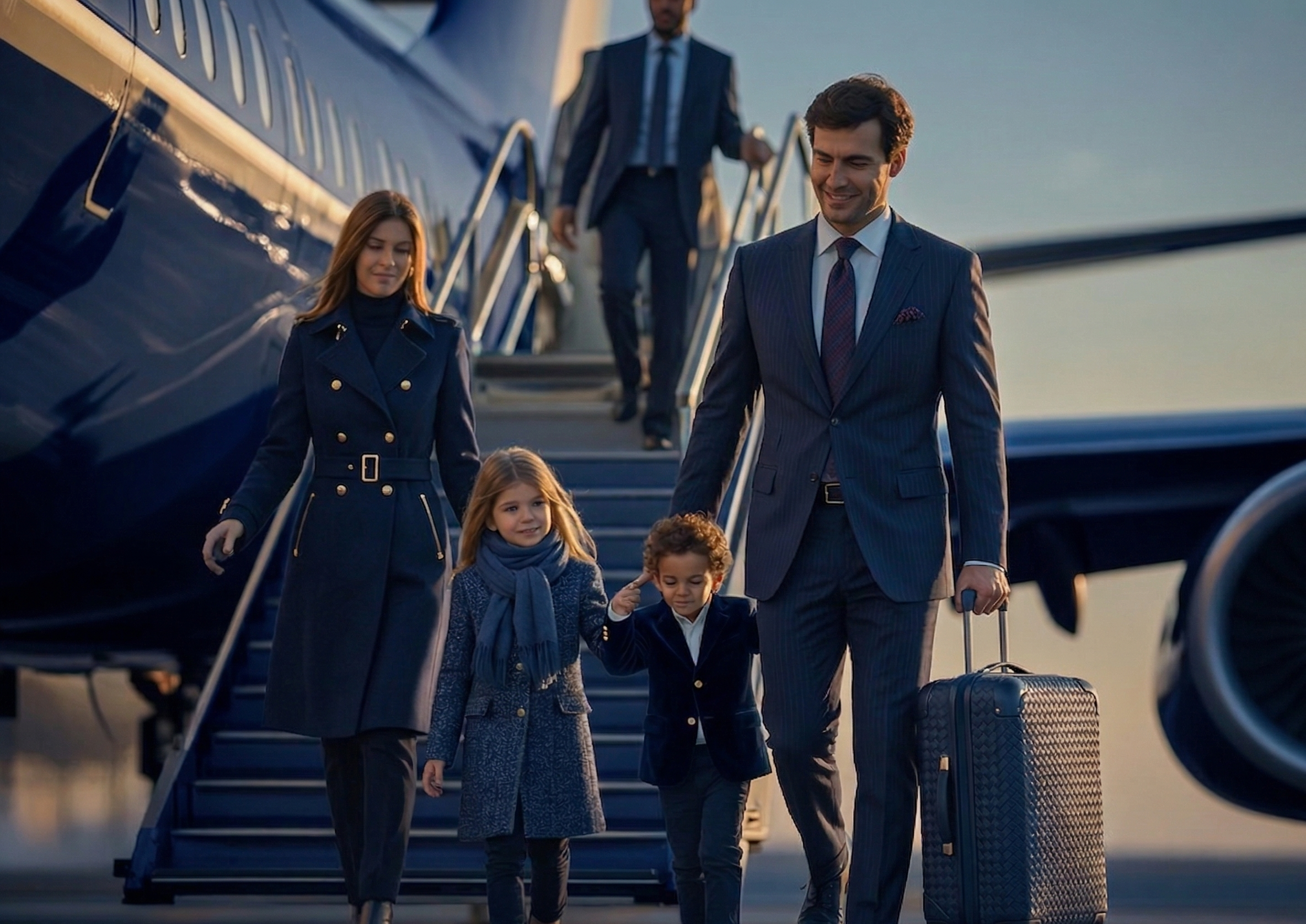Family walking off private plane representing boutique relocation services