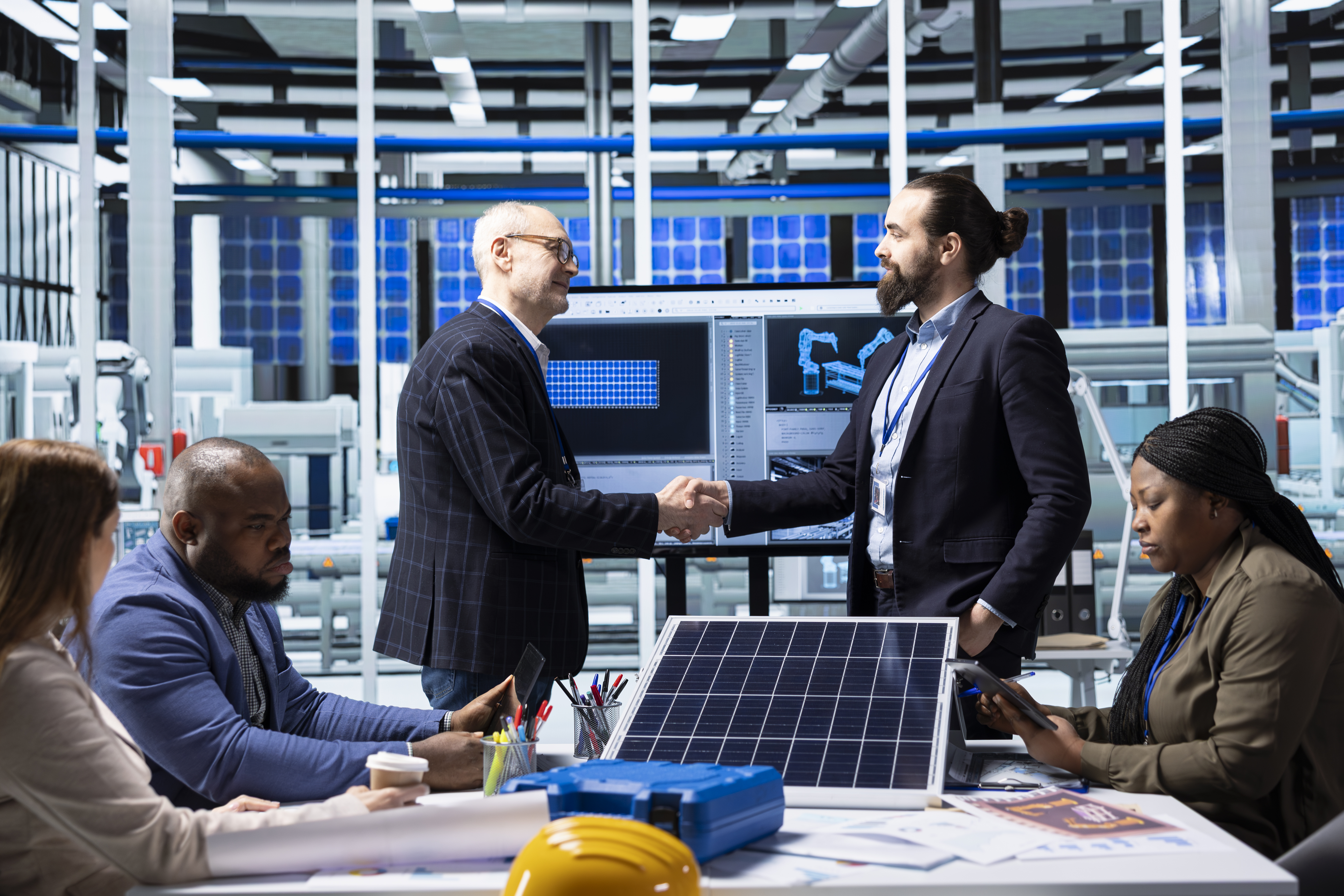 Cross-domain professionals shaking hands bridging technology and business